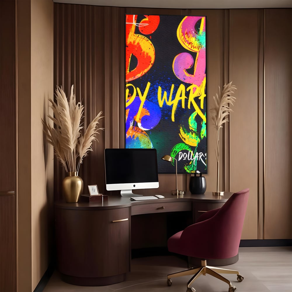 Tablou canvas cu tablou canvas cu simboluri dollar colorate, in rama de aluminiu negru, pe perete intr-un birou